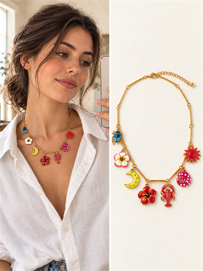Retrobird Solana Colorful Figurative Charm Detailed Red Necklace