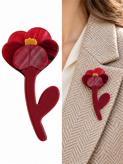 Retrobird Tasarım Akrilik Çiçek Figürlü Bordo Vintage Broş