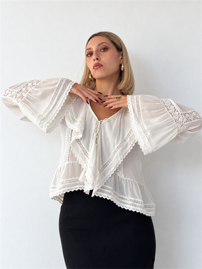 Retrobird Odette Ruffle Detail Tie-Button Snow White Shirt