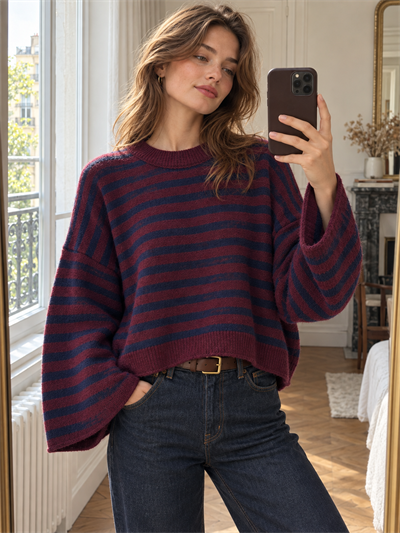 Retrobird Livia Oversize Çizgili Lacivert - Mürdüm Triko Kazak