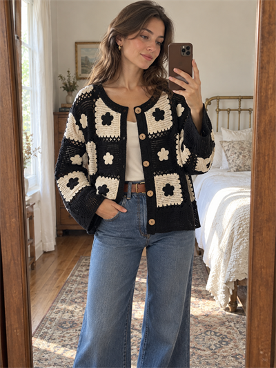Retrobird Lottie Çiçek Motifli Düğmeli Siyah Kroşe Hırka