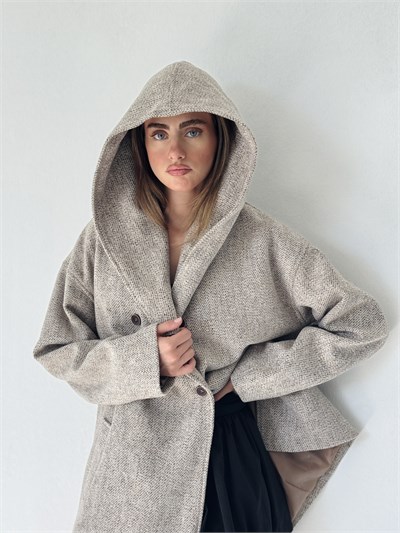 Retrobird Urban Retro Kapüşonlu Oversize Kırçıllı Krem Ceket Kaban