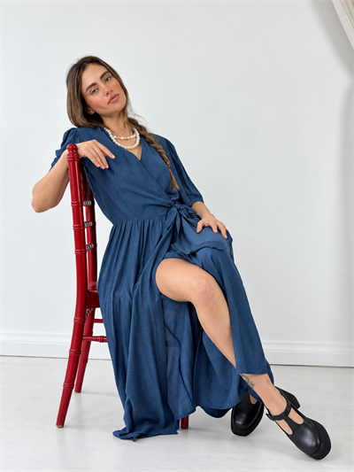 Retrobird Lady Kuşaklı Kruvaze Kısa Kol İndigo Elbise