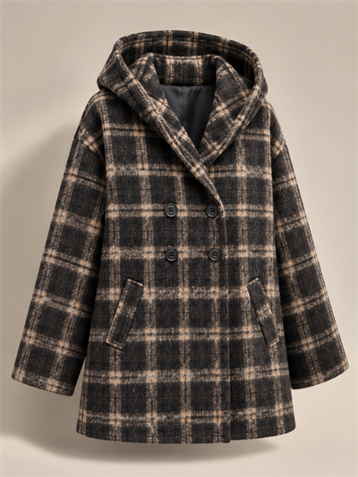 Retrobird Urban Retro Kahve Bej Ekose Kapüşonlu Oversize Ceket Kaban