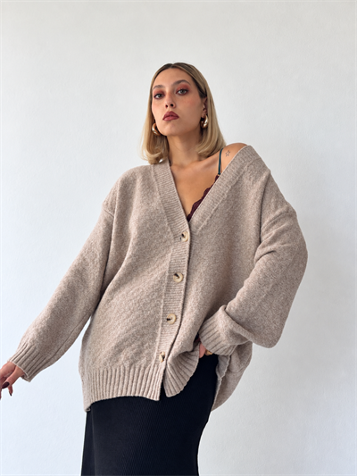 Retrobird Doris Oversize V Yaka Düğmeli Bej Triko Hırka