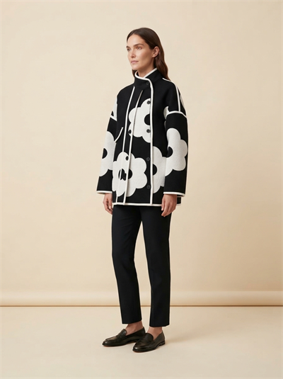 Retrobird Runa Çiçek Aplikeli Oversize Siyah Kaşe Ceket