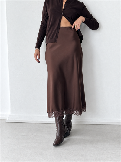 Retrobird Sylvie Dantel Detaylı Saten Kahverengi Midi Etek