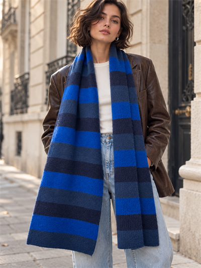 Retrobird Retro Çizgili Oversize Saks Mavi Unisex Triko Atkı