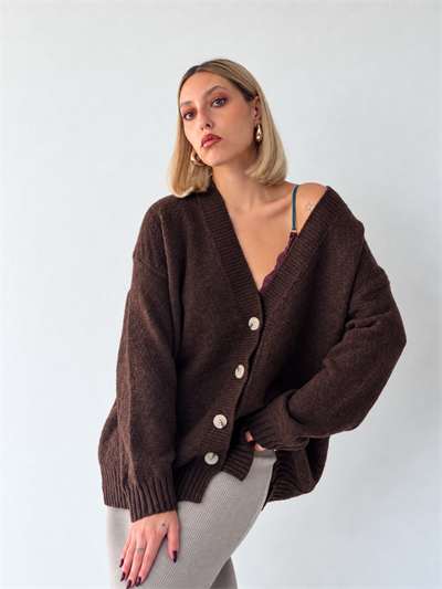 Retrobird Doris Oversize V Yaka Düğmeli Kahverengi Triko Hırka