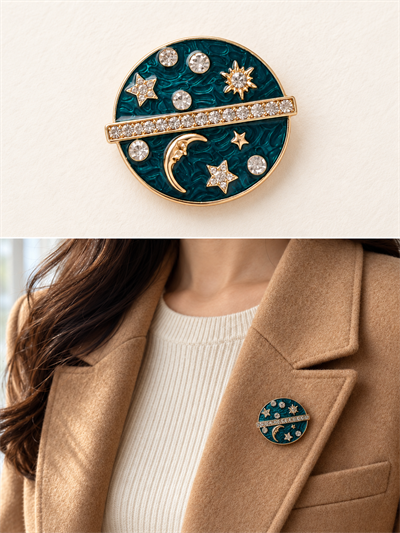 Retrobird Romy Zümrüt Yeşili Ay Yıldız Figürlü Oval Vintage Broş