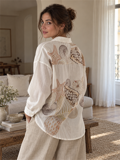 Retrobird Deniz Kabuğu Desenli Oversize Ekru Boyfriend Gömlek