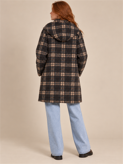 Retrobird Urban Retro Kahve Bej Ekose Kapüşonlu Oversize Ceket Kaban