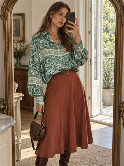 Retrobird Tasarım Saten Yüzeyli Retro Desenli Oversize Yeşil Boyfriend Gömlek