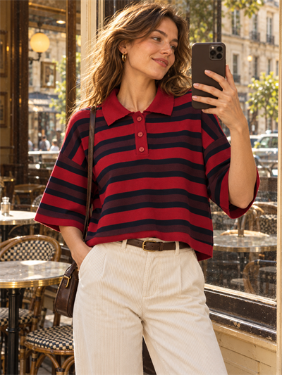 Retrobird Atelier Kısa Oversize Polo Yaka Kırmızı - Lacivert Çizgili Triko Kazak