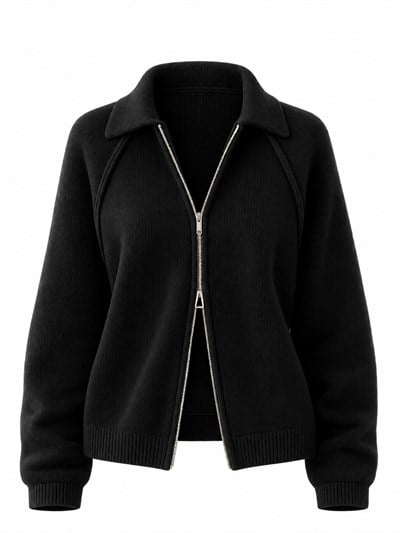 Retrobird Rosalie Oversize Polo Yaka Çift Fermuarlı Siyah Triko Hırka