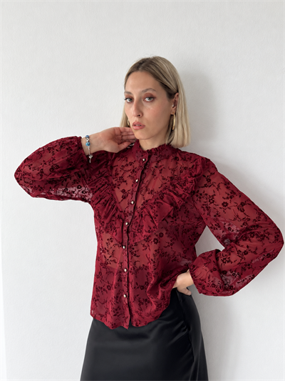 Retrobird Elodie Volanlı Dantel Hâkim Yaka Düğmeli Kırmızı Gömlek