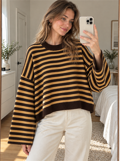 Retrobird Livia Oversize Çizgili Sarı - Kahve Triko Kazak
