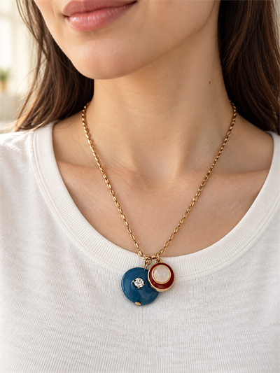 Retrobird Solana Round Colorful Charm Detailed Dark Blue Chain Necklace