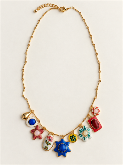 Retrobird Solana Colorful Figurative Charm Detail Navy Blue Necklace