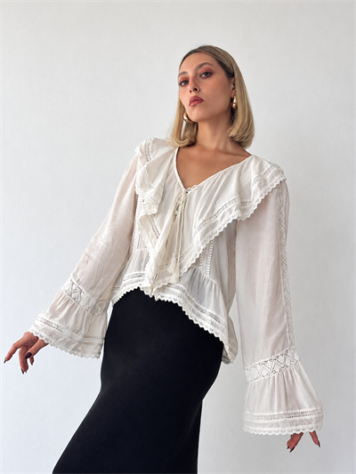 Retrobird Odette Ruffle Detail Tie-Button Snow White Shirt