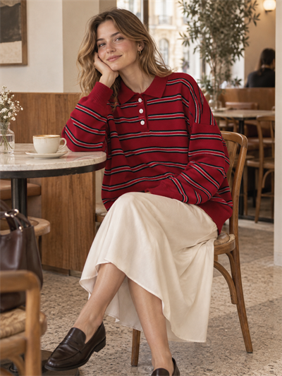 Retrobird Sadie Çizgili Oversize Polo Yaka Kırmızı Triko Kazak