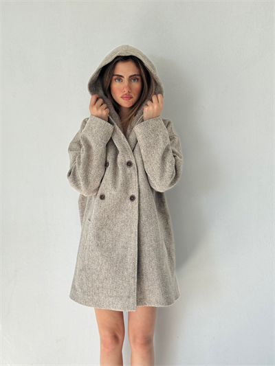 Retrobird Urban Retro Kapüşonlu Oversize Kırçıllı Krem Ceket Kaban