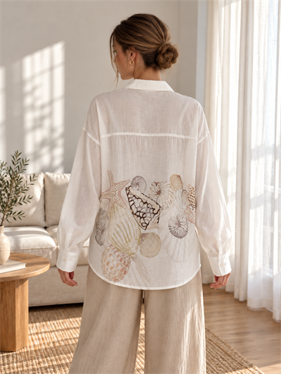 Retrobird Deniz Kabuğu Desenli Oversize Kırık Beyaz Boyfriend Gömlek
