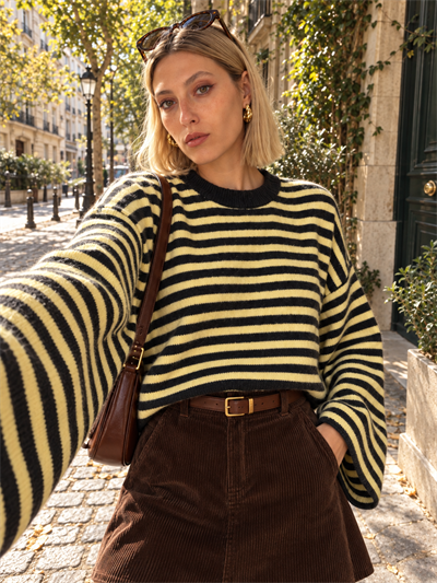 Retrobird Livia Oversize Siyah Çizgili Sarı Triko Kazak