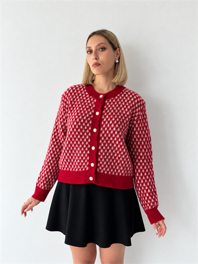 Retrobird Florence Patterned Buttoned Crew Neck Red Knit Cardigan