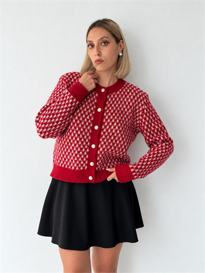 Retrobird Florence Patterned Buttoned Crew Neck Red Knit Cardigan