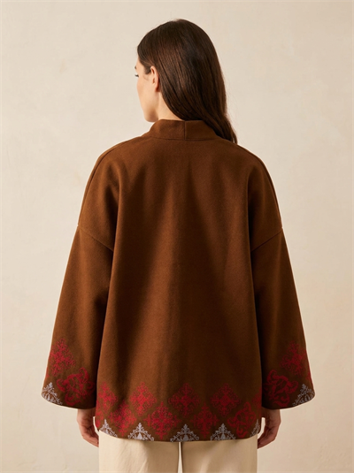 Retrobird Runa Etnik Nakışlı Oversize Kahverengi Kaşe Ceket