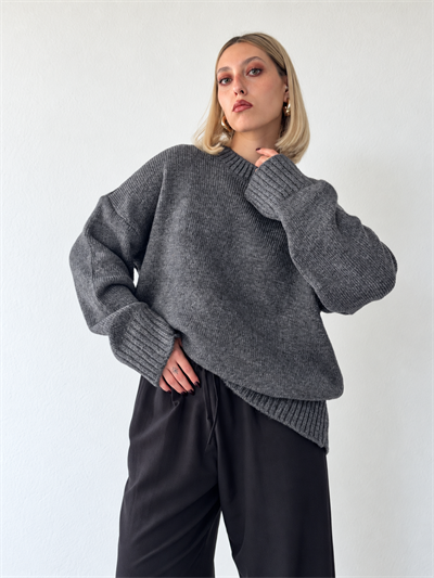 Retrobird Bess Oversize Bisiklet Yaka Koyu Gri Basic Triko Kazak