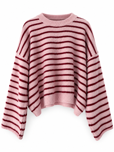 Retrobird Livia Oversize Çizgili Pembe Triko Kazak