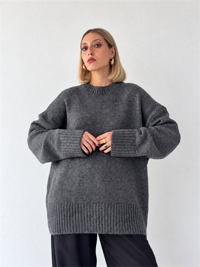 Retrobird Bess Oversize Bisiklet Yaka Koyu Gri Basic Triko Kazak