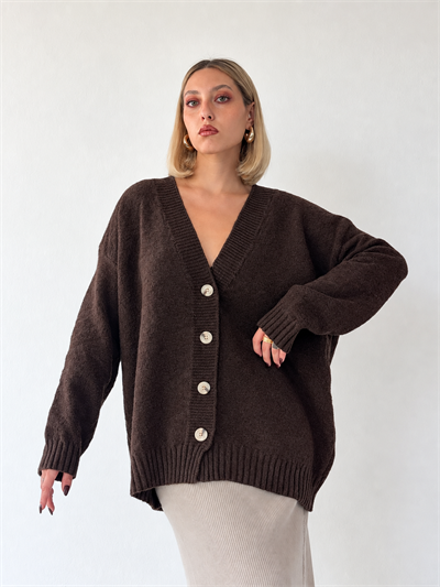 Retrobird Doris Oversize V Yaka Düğmeli Kahverengi Triko Hırka
