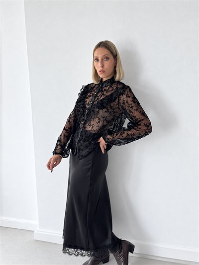 Retrobird Sylvie Dantel Detaylı Saten Siyah Midi Etek