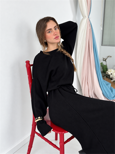 Retrobird Maribel Kemer Bağcıklı Maxi Siyah Triko Elbise