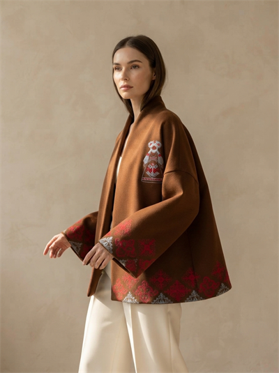 Retrobird Runa Etnik Nakışlı Oversize Kahverengi Kaşe Ceket