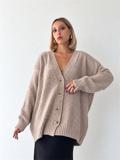 Retrobird Doris Oversize V Yaka Düğmeli Bej Triko Hırka
