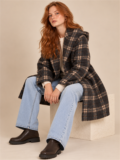 Retrobird Urban Retro Kahve Bej Ekose Kapüşonlu Oversize Ceket Kaban