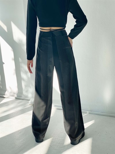 Retrobird Pamuklu Rahat Çizgili Siyah Renkli Kadın Palazzo Pantolon