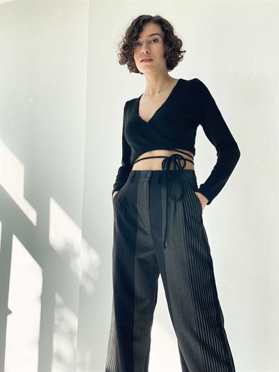 Retrobird Pamuklu Rahat Çizgili Siyah Renkli Kadın Palazzo Pantolon