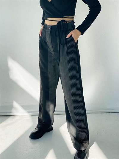 Retrobird Pamuklu Rahat Çizgili Siyah Renkli Kadın Palazzo Pantolon