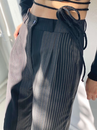 Retrobird Pamuklu Rahat Çizgili Siyah Renkli Kadın Palazzo Pantolon