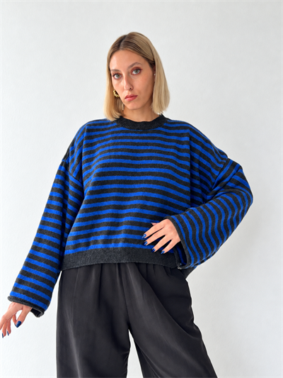 Retrobird Livia Oversize Siyah Çizgili Saks Mavi Triko Kazak