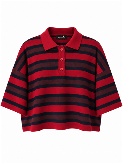 Retrobird Patsy Oversize Polo Yaka Kırmızı - Lacivert Çizgili Triko Kazak