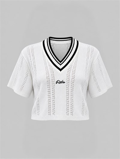 Retrobird Retro V Yaka Kısa Kollu Beyaz - Siyah Triko Üst