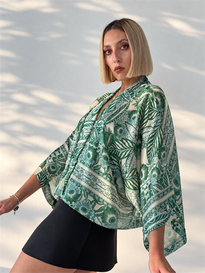 Retrobird Tasarım Su Yeşili Boho Mini Kimono