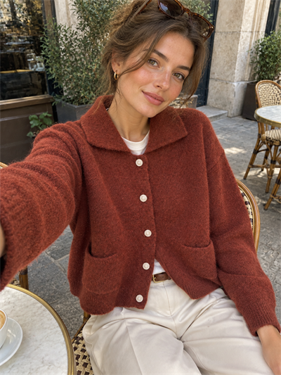 Retrobird Darcy Polo Yaka Cepli Koyu Kiremit Triko Hırka