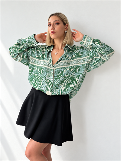 Retrobird Tasarım Saten Yüzeyli Retro Desenli Oversize Yeşil Boyfriend Gömlek